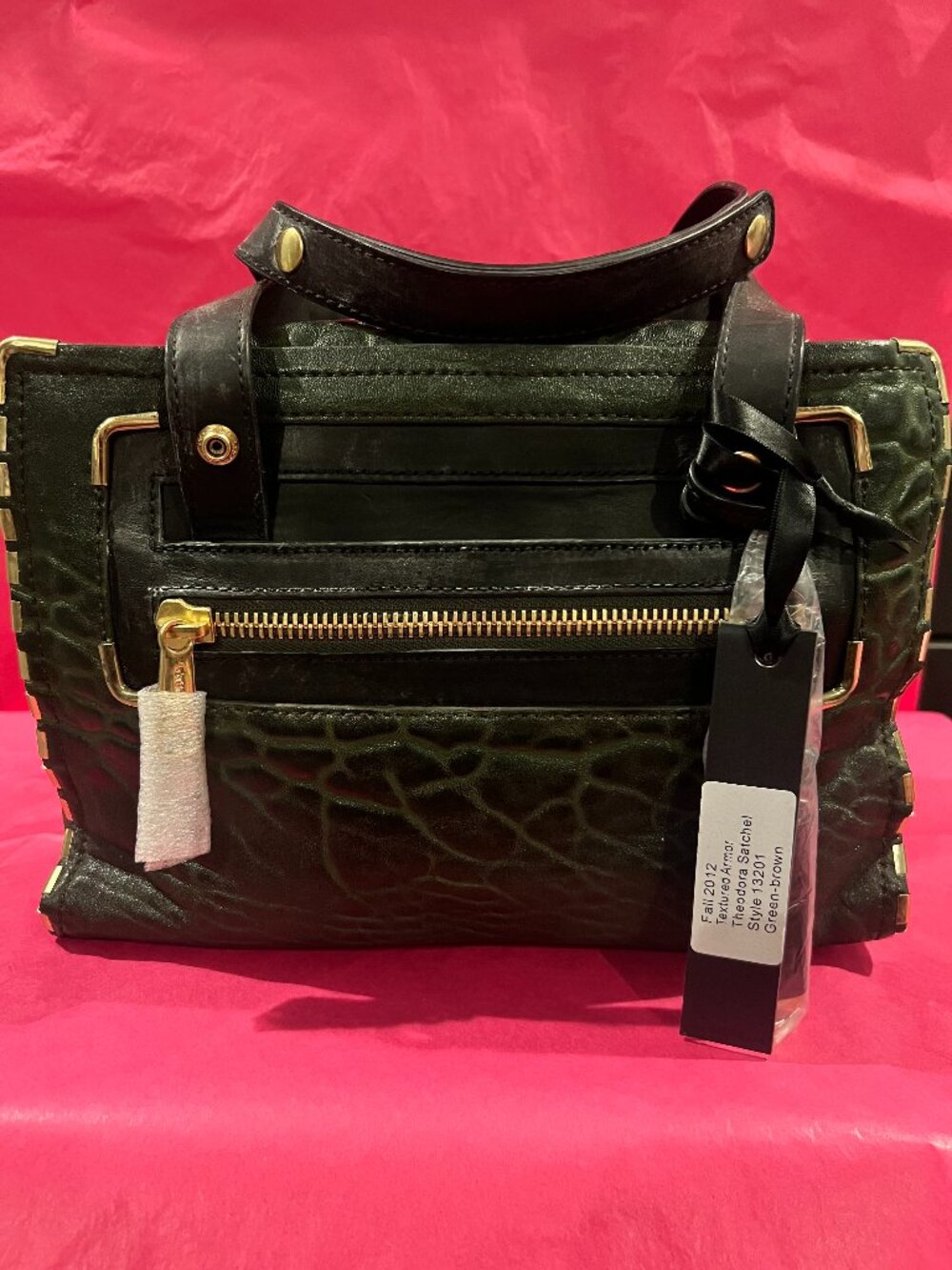 🔥 NWT Gryson Theodora Textured Lambskin Satchel Green Brown Y2K Deadstock 🔥